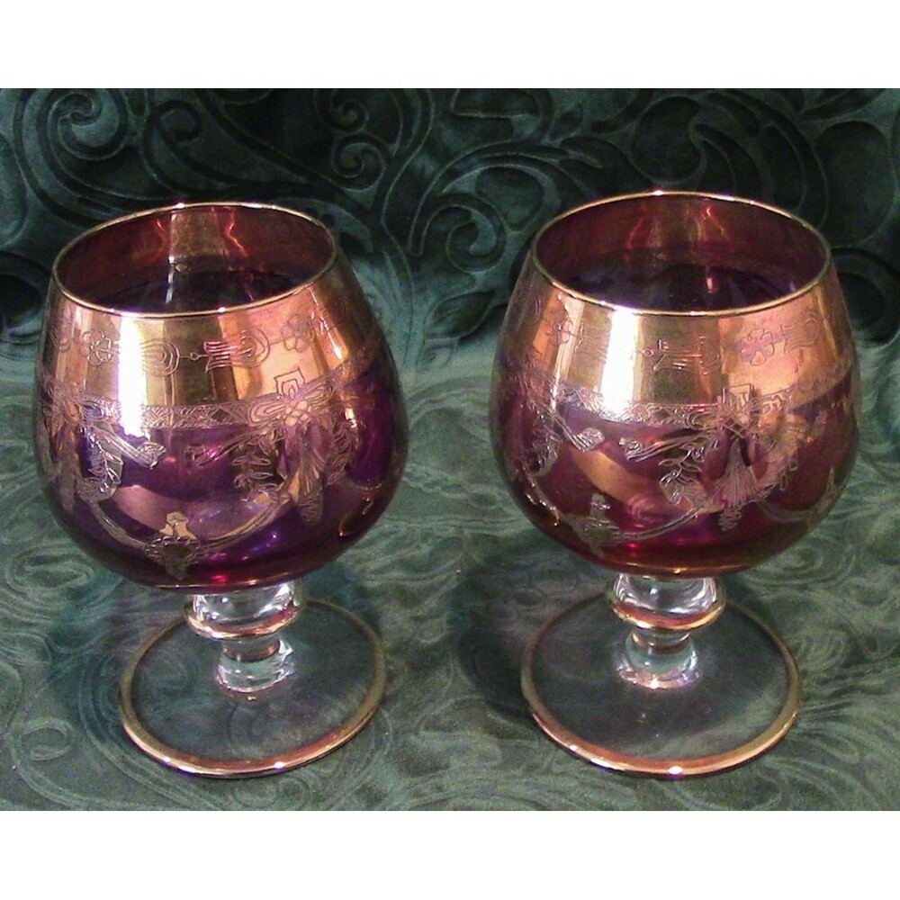 2  Amethyst Purple Italian Brandy/Cognac Glasses 24k Gold